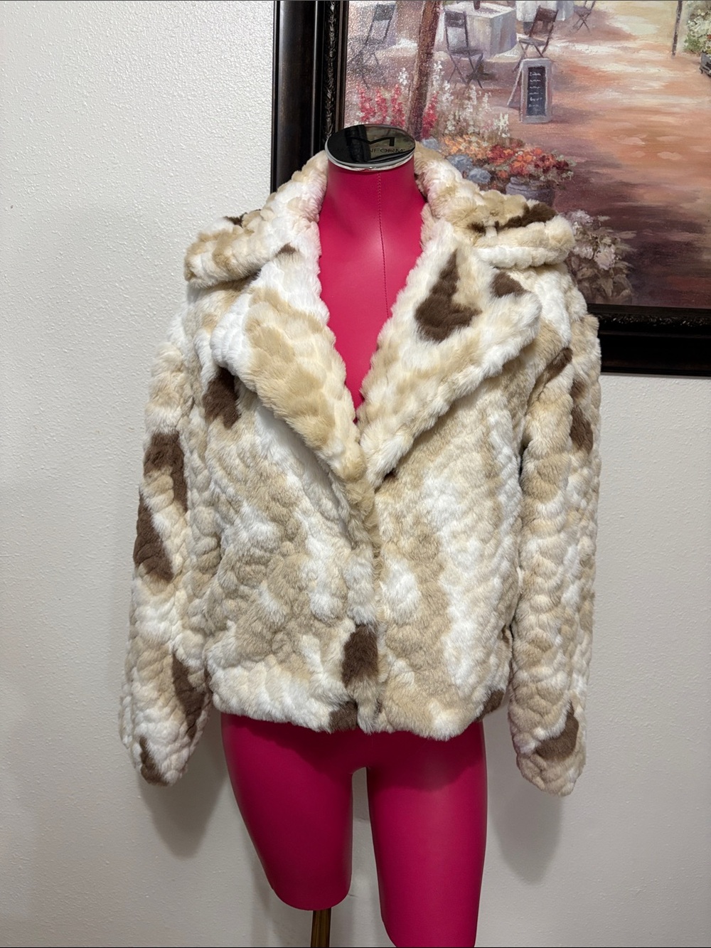 NWT! Lili Sidonio Woven Faux Fur Jacket Coat White Beige Brown Women's Medium